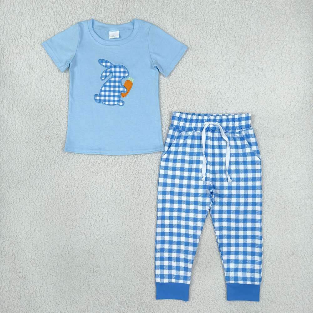BSPO0705  RTS Blue plaid easter bunny embroidery short sleeve boy team outfits