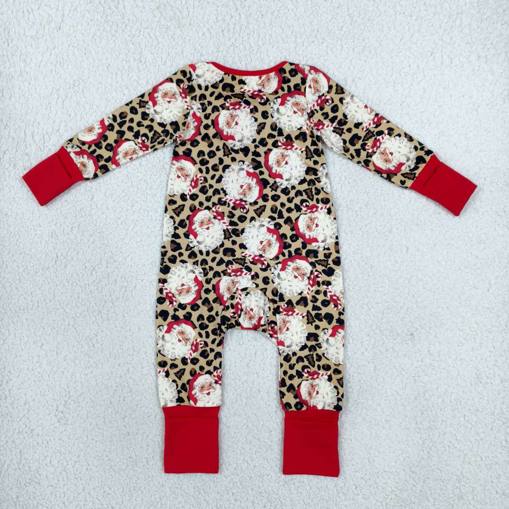 LR3302 Christmas leopard Santa girl print Long-Sleeved zipper romper