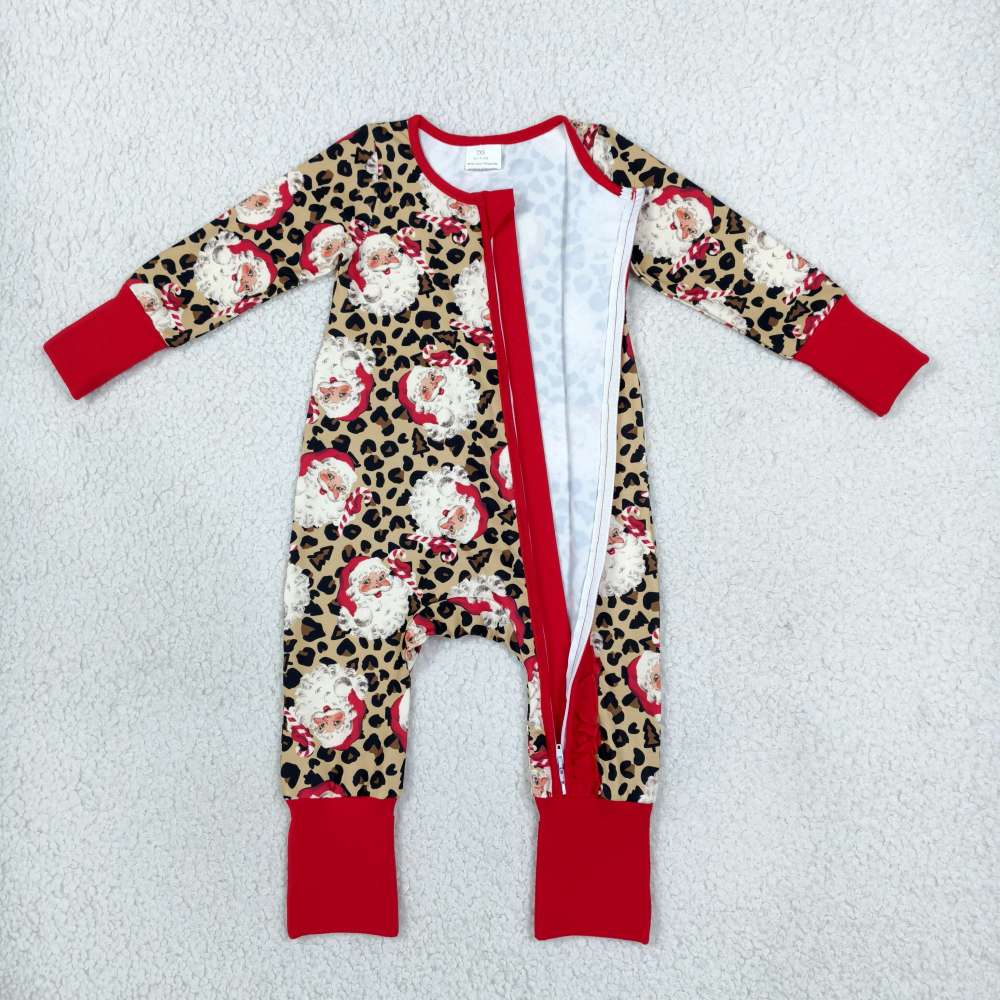 LR3302 Christmas leopard Santa girl print Long-Sleeved zipper romper