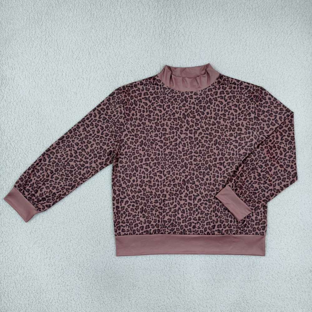 GT1840 Adult Women Fall Brown leopard long sleeve mock up yoga pullover