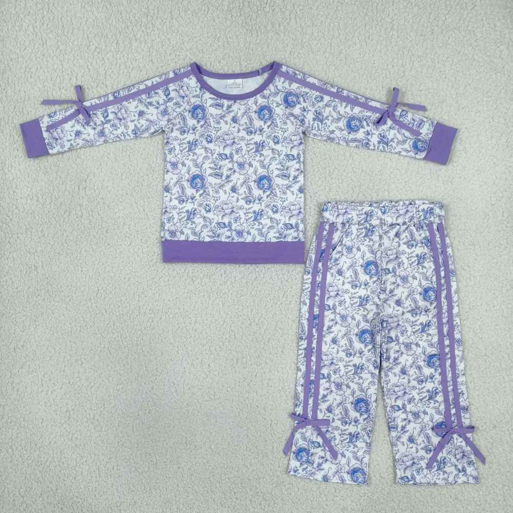 GLP3365 purple flowers Print bows long sleeve girl outfits