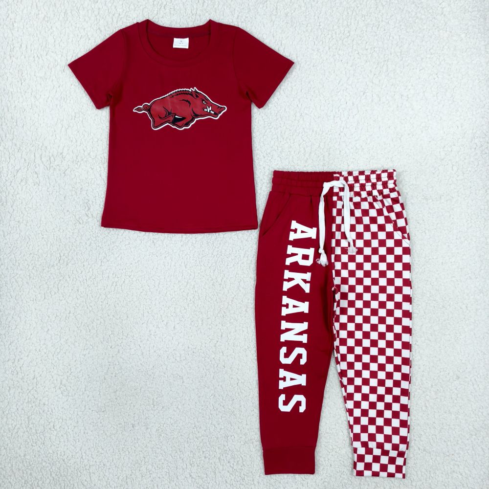 BSPO0699 RTS Burgundy Arkansas vinyl  short sleeve boy team outfits