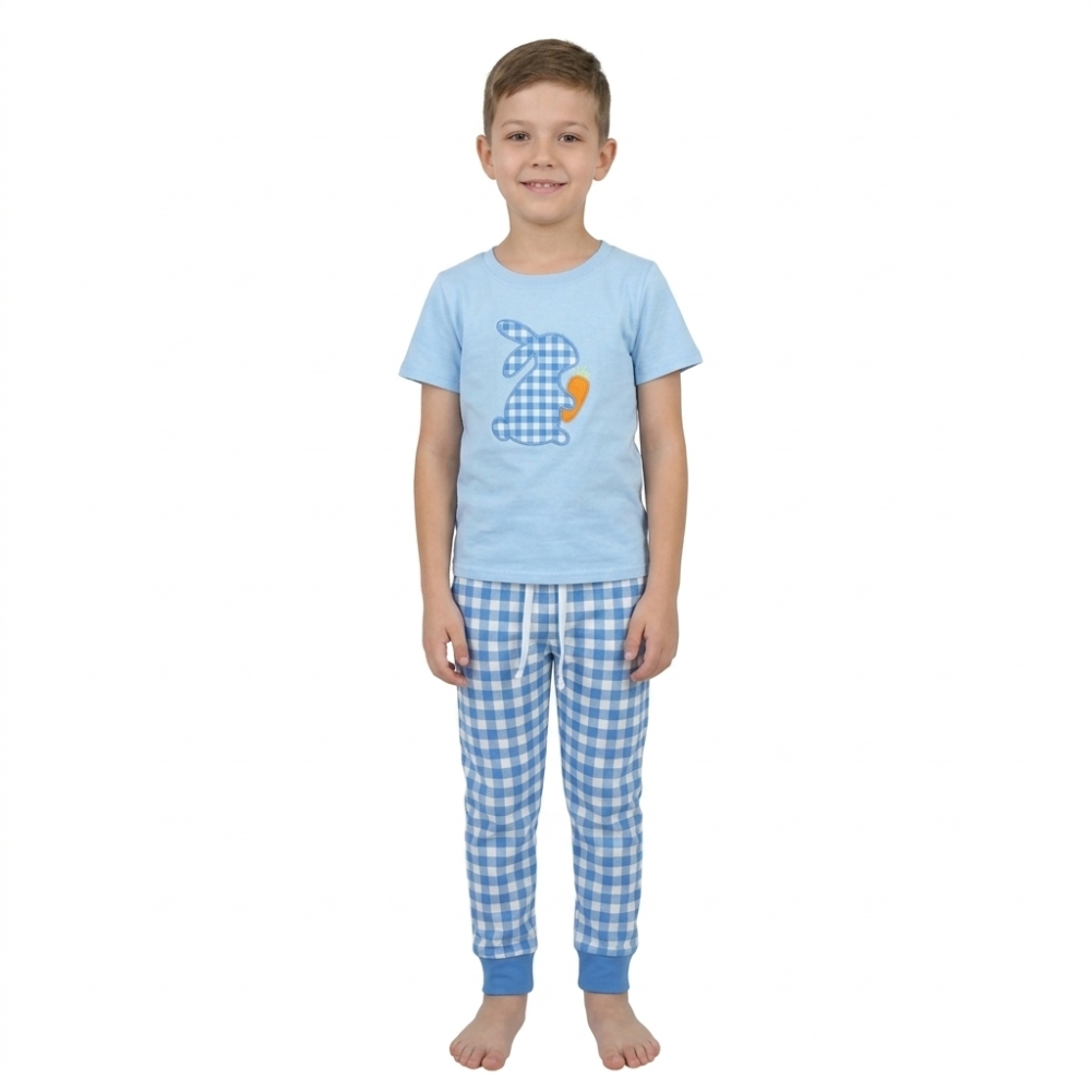 BSPO0705  RTS Blue plaid easter bunny embroidery short sleeve boy team outfits