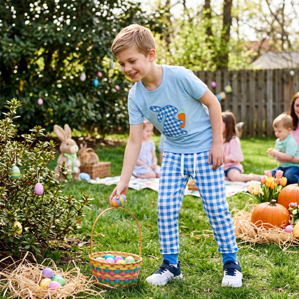 BSPO0705  RTS Blue plaid easter bunny embroidery short sleeve boy team outfits