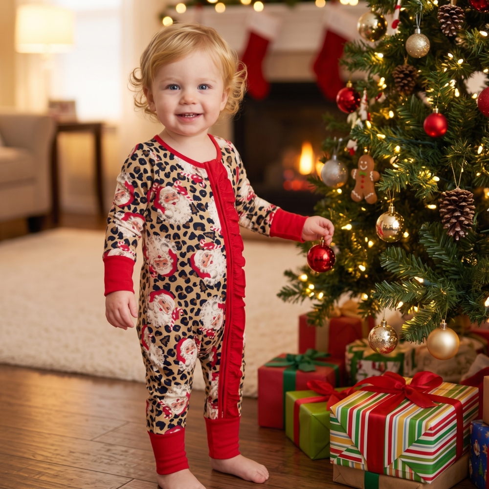 LR3302 Christmas leopard Santa girl print Long-Sleeved zipper romper