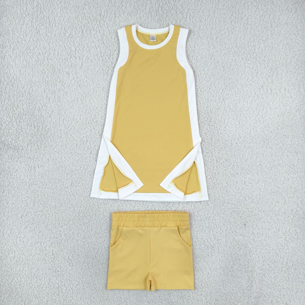 GSSO3845 Yellow solid white  trim  Print sleeveless girl short yoga outfits