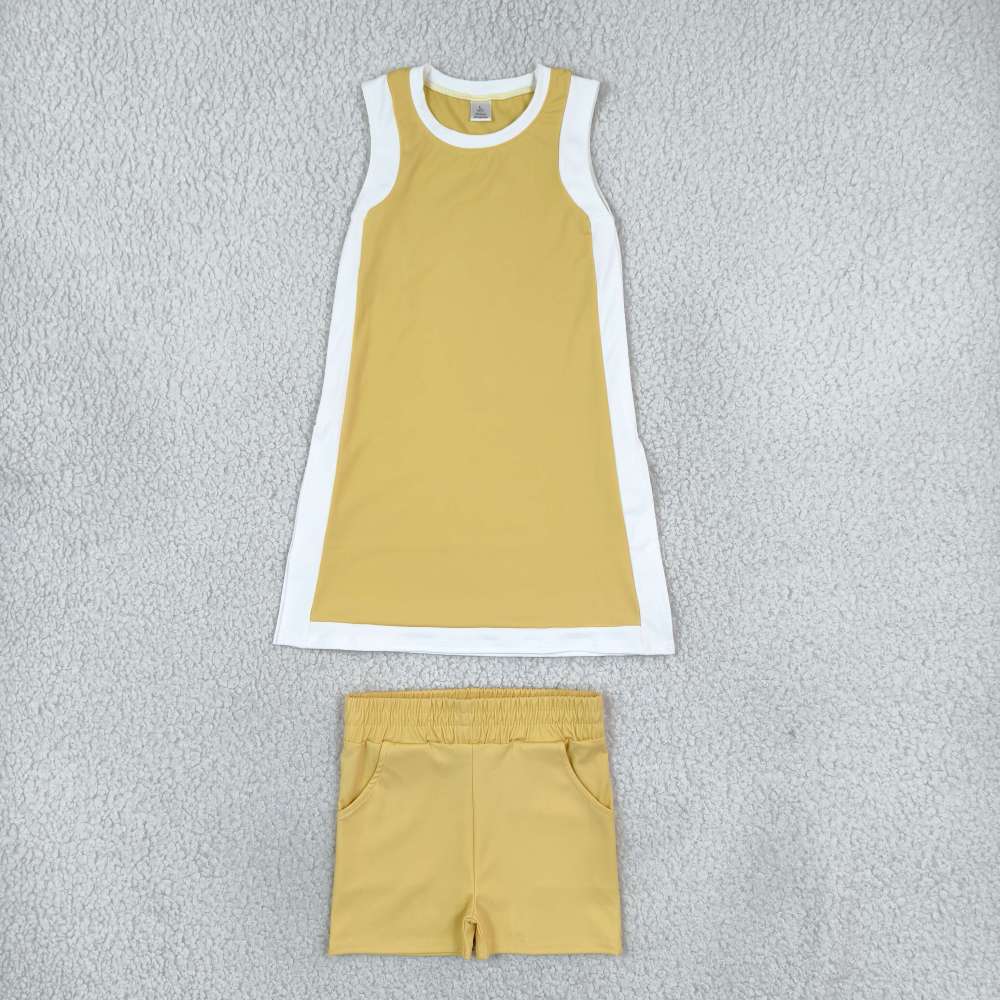 GSSO3845 Yellow solid white  trim  Print sleeveless girl short yoga outfits