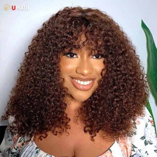 UHAIR  Dark Brown Ombre Black Root Glueless Bob Curly Wig With Bangs Machine Made Wigs