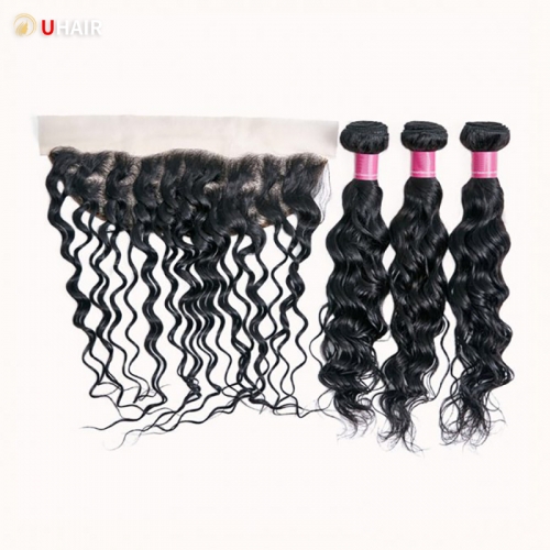 UHAIR Natural Wave Hair 3 Bundles with 13x4 Lace Frontal 100% Human Hair Extension Bundles Wet and Wavy Wigs