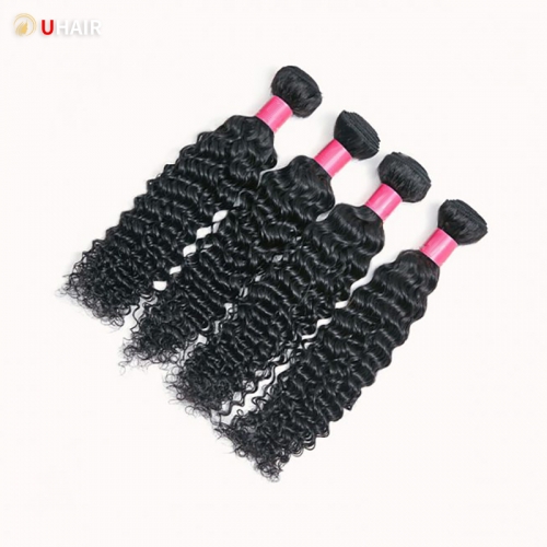 UHAIR Deep Wave Human Hair 4 Bundles 100% Unprocessed Brazilian Wet and Wavy Natural Color Hair Extensions