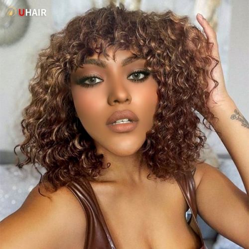 UHAIR Deep Curly Hair Brown Highlight Wig Machine Made Human Hair Colored Wigs With Bangs