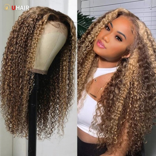 UHAIR 13x4 Lace Honey Blonde Curly Hair Pre Plucked Highlight Brown Jerry Curly Hair Wig