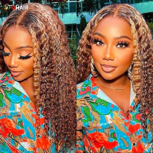 UHAIR 13x4 Lace Front Human Hair Wig Balayage Hair Extensions Highlight Curly Wig
