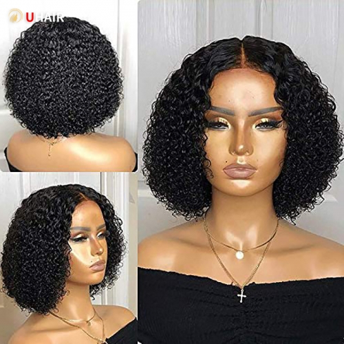 UHAIR Kinky Curly Wigs 13x4 Lace Wigs Natural Black Human Hair Wigs Bob 150% Density Wig