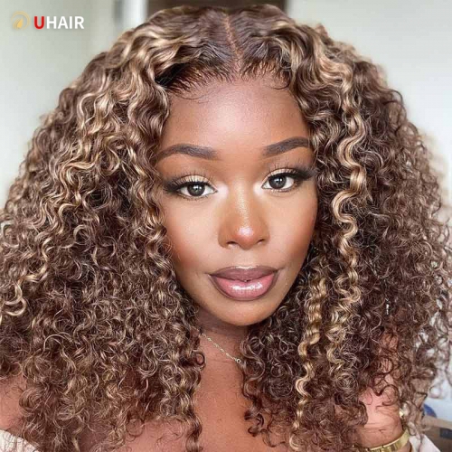 UHAIR 13x4 Lace Front Human Hair Wig Balayage Hair Extensions Highlight Curly Wig