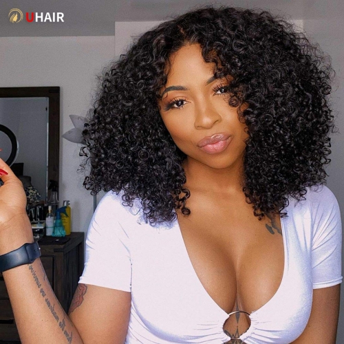 UHAIR Kinky Curly Wigs 13x4 Lace Wigs Natural Black Human Hair Wigs Bob 150% Density Wig