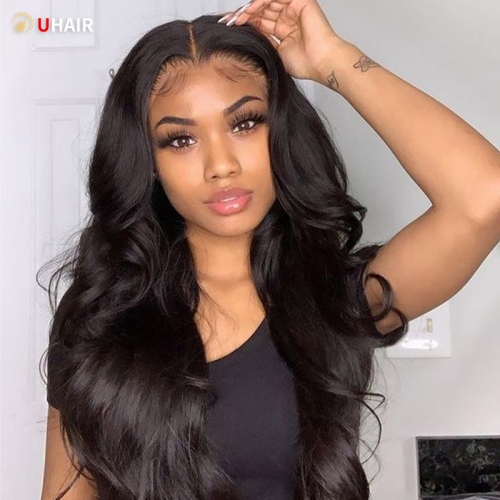 UHAIR Natural Black 150% Density U Part Human Hair Wig Body Wave Curls Wig