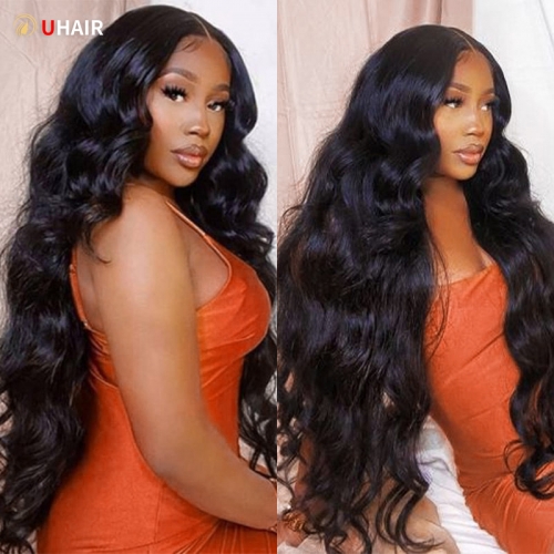 UHAIR 5x5 HD Lace Wig Body Wave 180% Density Natural Black Human Hair Wigs