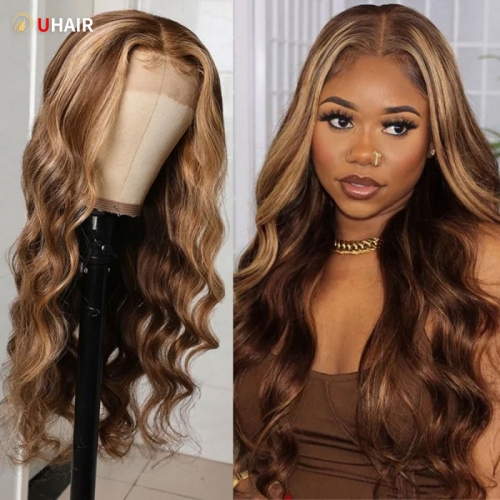 UHAIR 13x4 Brown Highlight Body Wave Lace Front Wig - Ombre Honey Blonde Human Hair Wig 150% Density