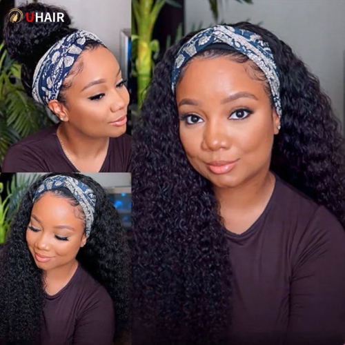 UHAIR Headband Wig Styles 200% Density Water Wave Glueless Human Hair Wig With Pre-attached Scarf