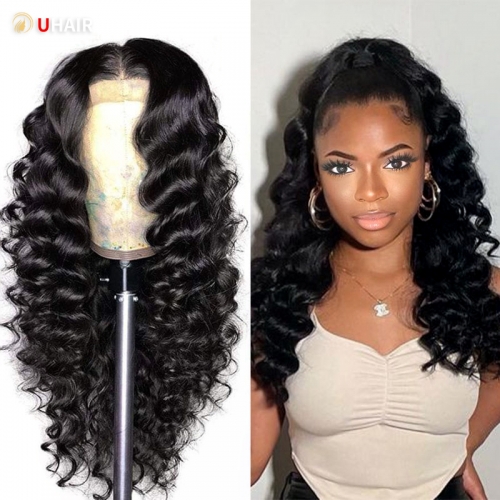 UHAIR Glueless 13x6 Loose Deep Wave Wig Lace Front Wigs 180 Density Wet and Wavy Human Hair Wigs