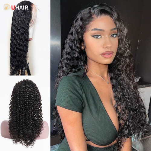 UHAIR Natural Black Deep Wave Human Hair 13x4 Lace Wig 200% Density Wig for Women