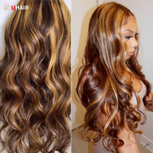 UHAIR 13x4 Lace Front Ombre Honey Blonde Highlights Wig Body Wave Human Hair Wigs