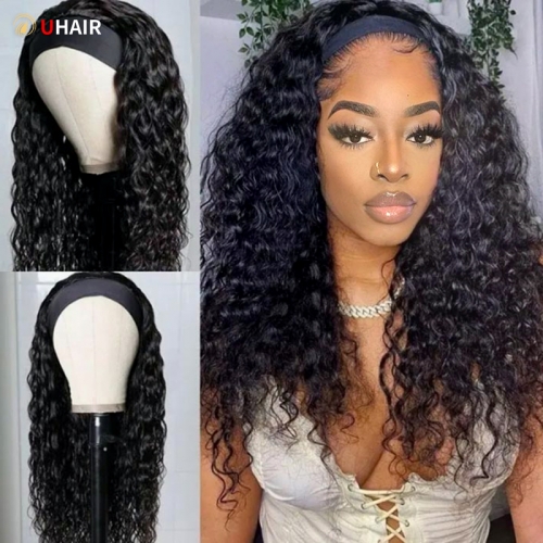 UHAIR Headband Wig Styles 200% Density Water Wave Glueless Human Hair Wig With Pre-attached Scarf