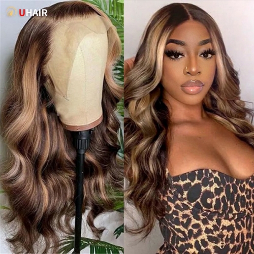 UHAIR 13x4 Brown Highlight Body Wave Lace Front Wig - Ombre Honey Blonde Human Hair Wig 150% Density