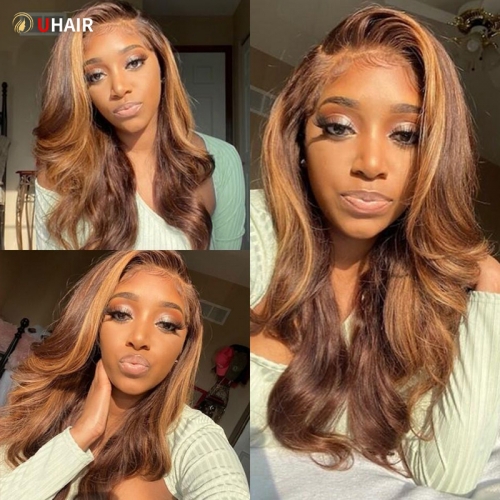 UHAIR 13x4 Lace Front Ombre Honey Blonde Highlights Wig Body Wave Human Hair Wigs