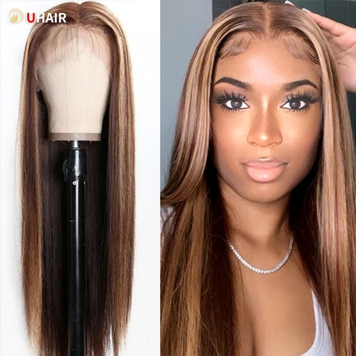 UHAIR 13x4 Lace Front Wig Highlight Brown Colored Wigs 100% Human Hair Wigs 180% Density kinky Straight Wig