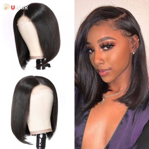 UHAIR Natural Black 4x4 Lace Front Wig Straight Bob 150% Density Human Hair Wigs