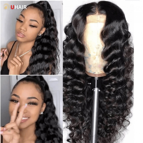 UHAIR T Part Wig Loose Deep Human Hair Wigs with Baby Hair Natural Color 150% Density Wig