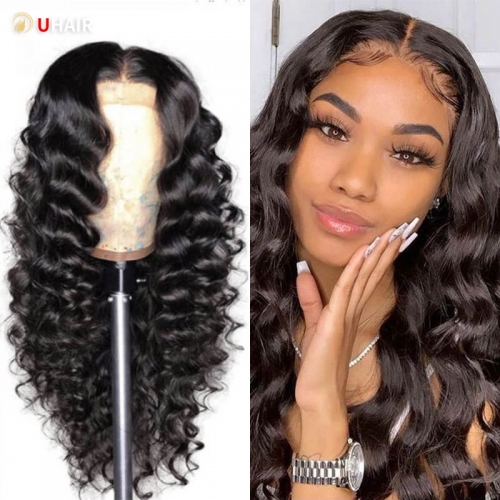 UHAIR Natural Black Loose Deep Wave Hairstyles T Part Lace Wig 150% Density Human Hair Wigs