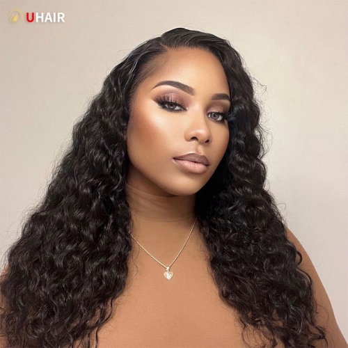 UHAIR 24 Inch Glueless 13x4 Frontal Wigs Human Hair Pre Plucked Pre Cut Loose Deep Wave Wig Human Hair