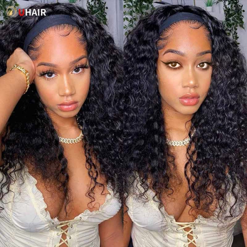 UHAIR 180% Density Water Wave Curly Glueless Human Hair Wig - Effortless Style with Headband!