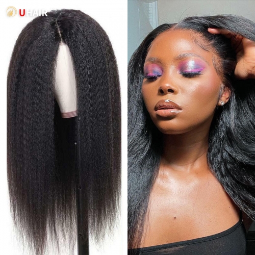 UHAIR Kinky Straight Hairstyles 13x6 Lace Wig 180% Density Natural Black Human Hair Wig