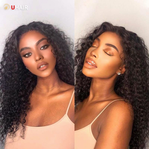 UHAIR 13x4 Lace Frontal Wig 180% Density Brazilian Kinky Curly Hair Natural Black Human Hair Wigs