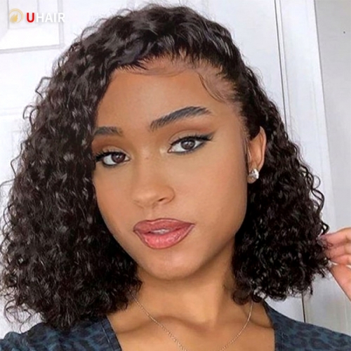 UHAIR Black Water Wave Transparent Brazilian Virgin 4x4 Lace Closure Short Bob Wig Human Hair Wigs