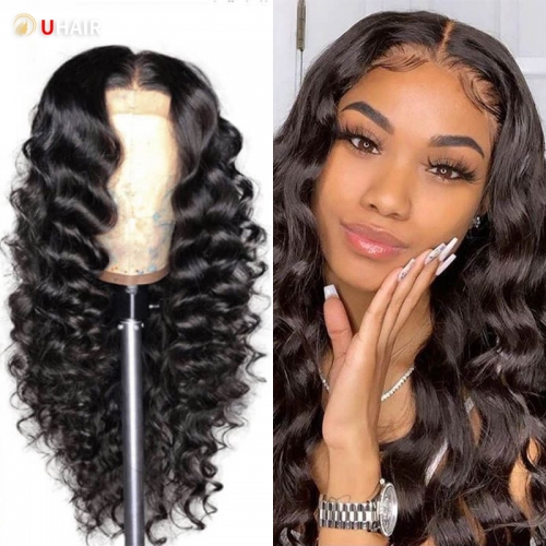 UHAIR T Part Wig Loose Deep Human Hair Wigs with Baby Hair Natural Color 150% Density Wig