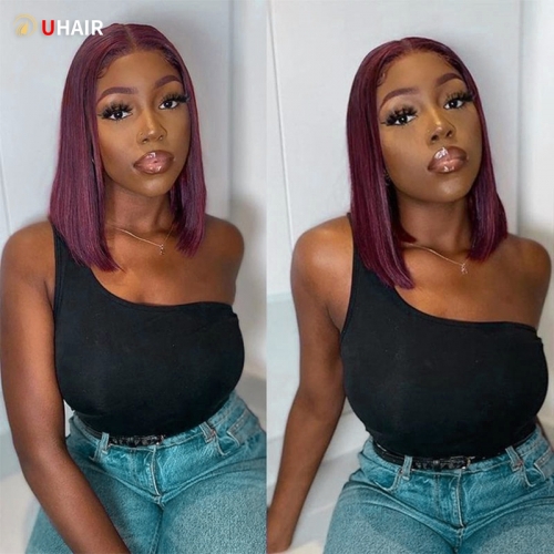 UHAIR 180% Density Straight Bob 13x4 Lace Wig Burgundy Human Hair Wig