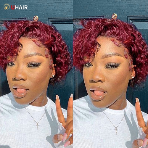 UHAIR 13x1 Transparent Lace Wig Ombre Burgundy 99J Short Hair Curly Pixie Cut Wig