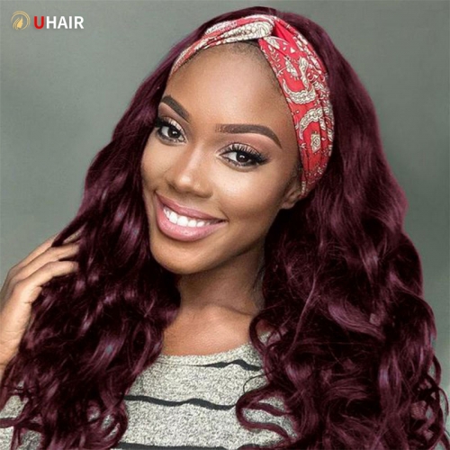 UHAIR 180% Density Burgundy Color Hair Body Wave Human Hair Headband Wig