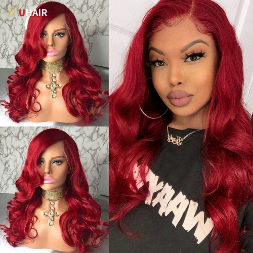 UHAIR Burgundy Lace Front Wig - Red Body Wave Pre-Plucked Bleached Knots with Baby Hair, 150% Density.