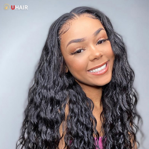 UHAIR  Natural Black Loose Deep 4x4 Lace Wig 180% Density Human Hair Wigs