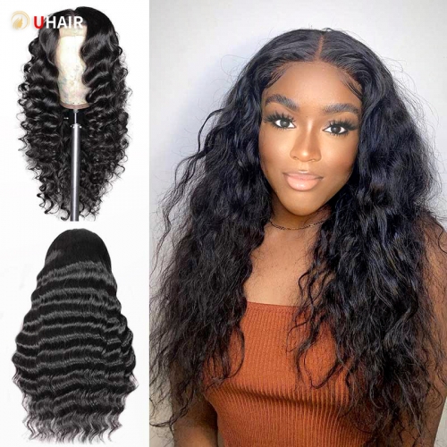 UHAIR  Natural Black Loose Deep 4x4 Lace Wig 180% Density Human Hair Wigs