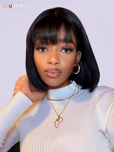 UHAIR Short Bob Wigs Brazilian Straight Human Hair Wigs with Bangs 100% Remy Glueless Wigs for Black Women