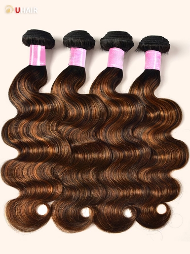 UAHIR Butterscotch Caramel Balayage Ombre Body Wave 4 Bundles with Lace Closure Human Hair Extensions