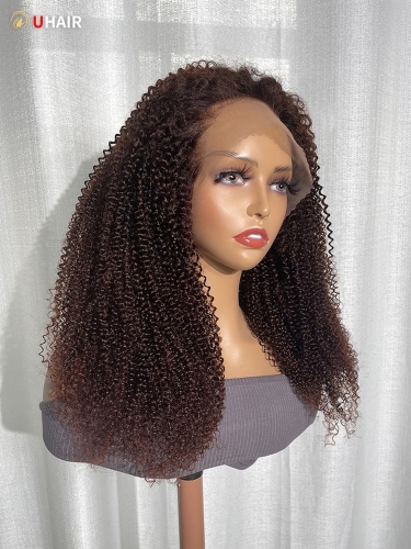 UHAIR 13x4 Lace Front Kinky Curly Mahogany Red Brown Wig Human Hair For Woman