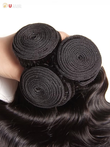 UHAIR Brazilian Body Wave 3 Bundles with Free Part Lace Closure Natural Black Unprocessed Virgin Human Hair Weaves